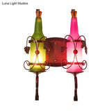 Industrial 2-Light Frosted Glass Wall Sconce With Leaf Deco In Green And Pink