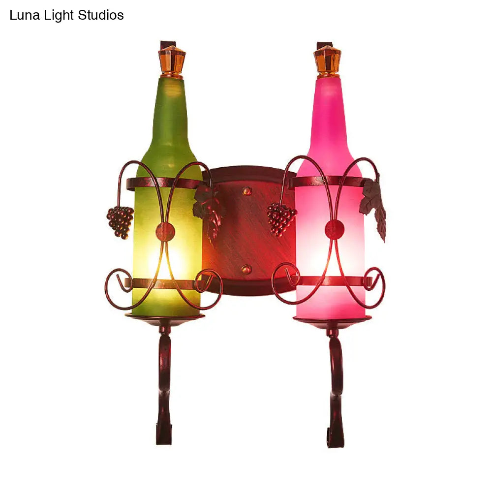 Industrial 2-Light Frosted Glass Wall Sconce With Leaf Deco In Green And Pink