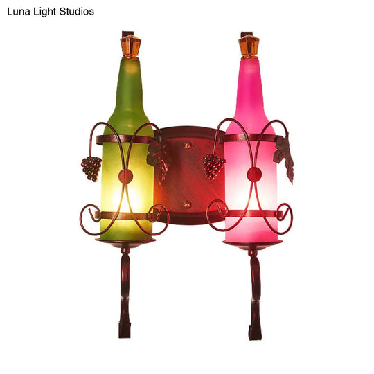 Industrial 2-Light Frosted Glass Wall Sconce With Leaf Deco In Green And Pink