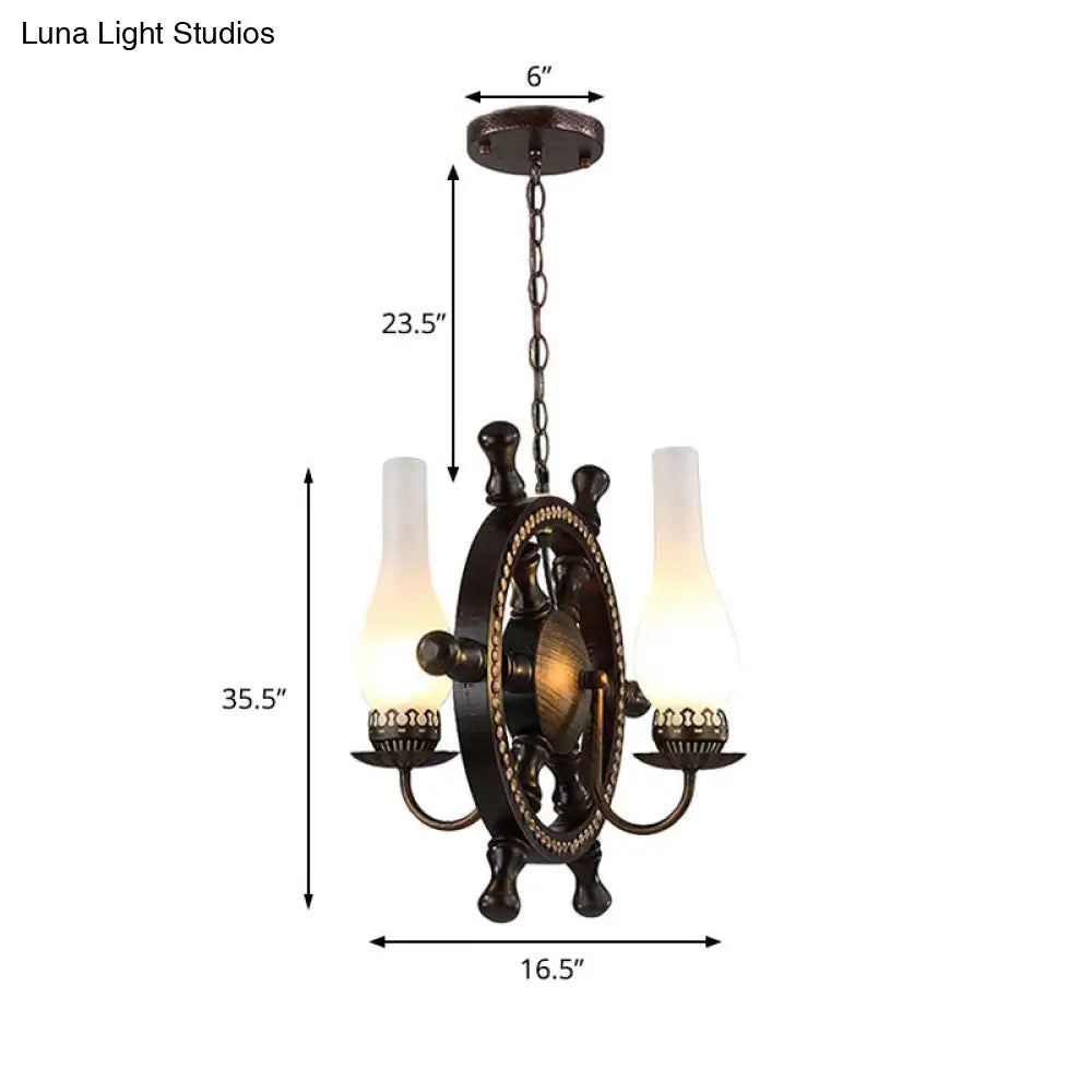 Industrial 2-Light Pendant With White Glass Bottle Shades - Oil Rubbed Bronze Chandelier