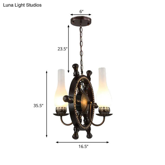 Industrial 2-Light Pendant With White Glass Bottle Shades - Oil Rubbed Bronze Chandelier