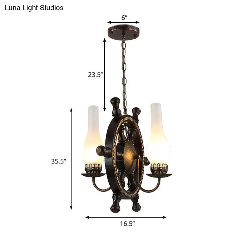 Industrial 2-Light Pendant Chandelier In Oil Rubbed Bronze With White Glass Bottle Shades