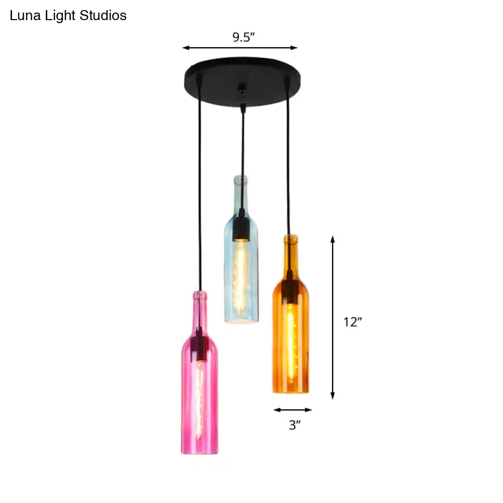 Industrial Glass Wine Bottle Pendant Light With Canopy - 3/5 Head Black Finish Restaurant Quality