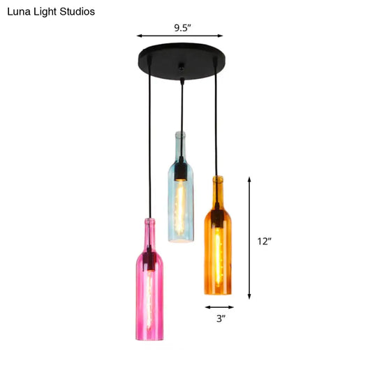 Industrial Glass Wine Bottle Pendant Light With Canopy - 3/5 Head Black Finish Restaurant Quality