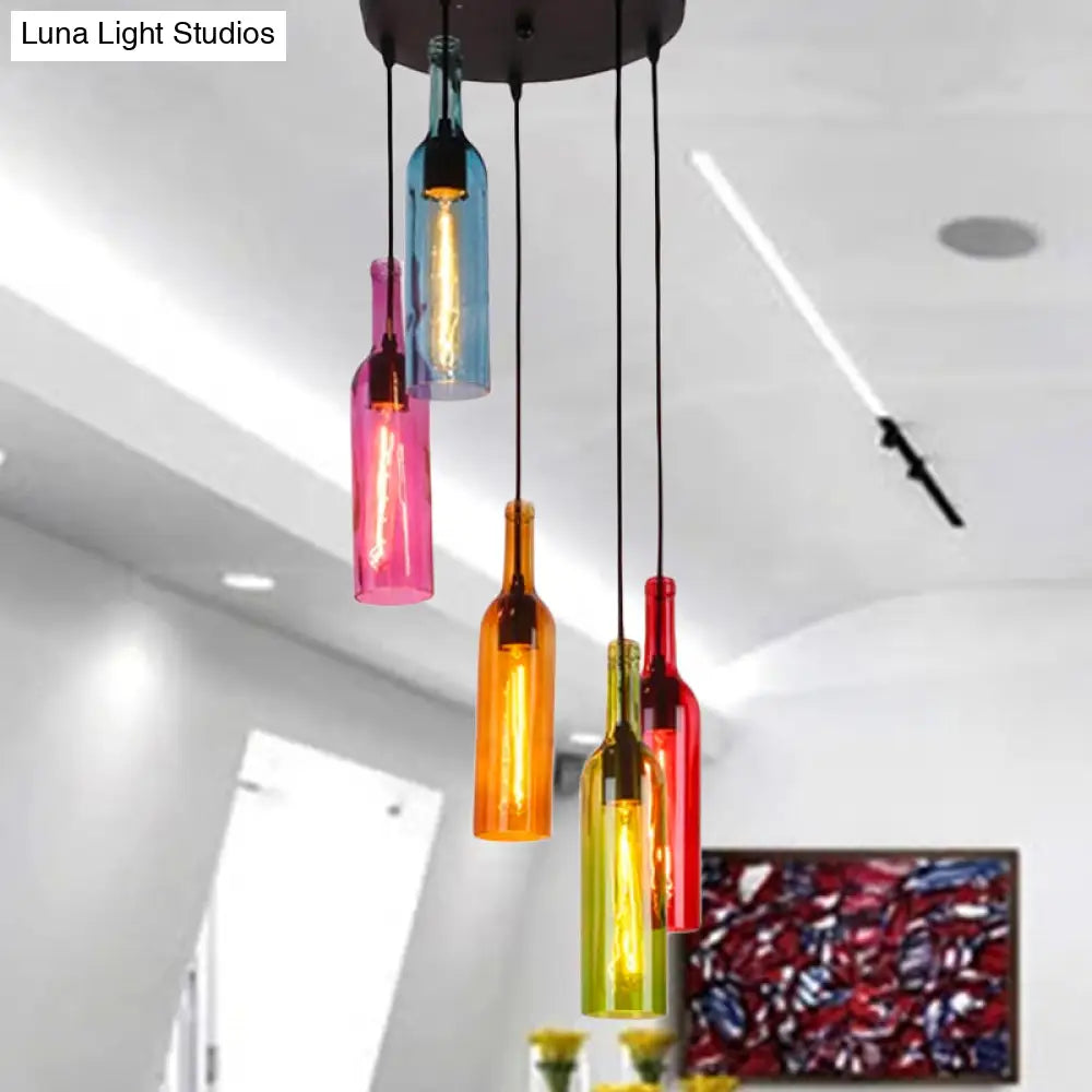 Industrial 3/5-Head Glass Wine Bottle Hanging Light For Restaurants - Black Pendant Lamp With