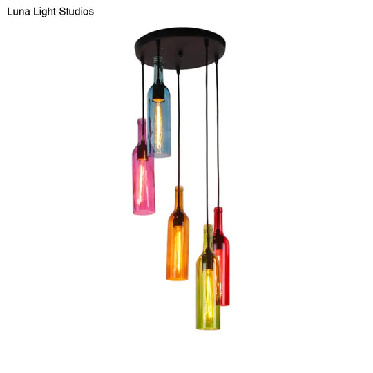 Industrial 3/5-Head Glass Wine Bottle Hanging Light For Restaurants - Black Pendant Lamp With