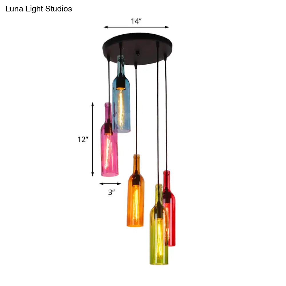 Industrial Glass Wine Bottle Pendant Light With Canopy - 3/5 Head Black Finish Restaurant Quality