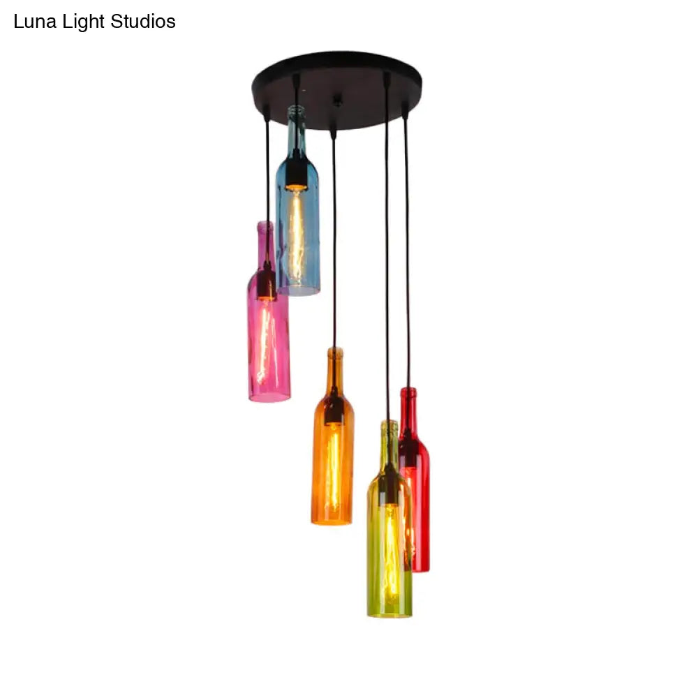 Industrial Glass Wine Bottle Pendant Light With Canopy - 3/5 Head Black Finish Restaurant Quality