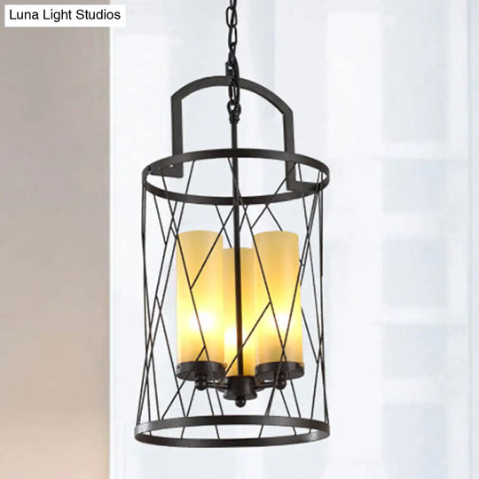 Industrial 3-Head Black Pendant Lamp With Cylinder Glass Shade And Wire Frame - Perfect For