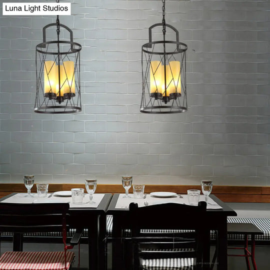 Industrial 3-Head Pendant Lamp With Cylinder Glass Shade And Wire Frame For Restaurants - Black