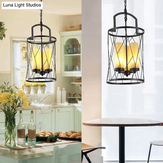 Industrial 3-Head Black Pendant Lamp With Cylinder Glass Shade And Wire Frame - Perfect For