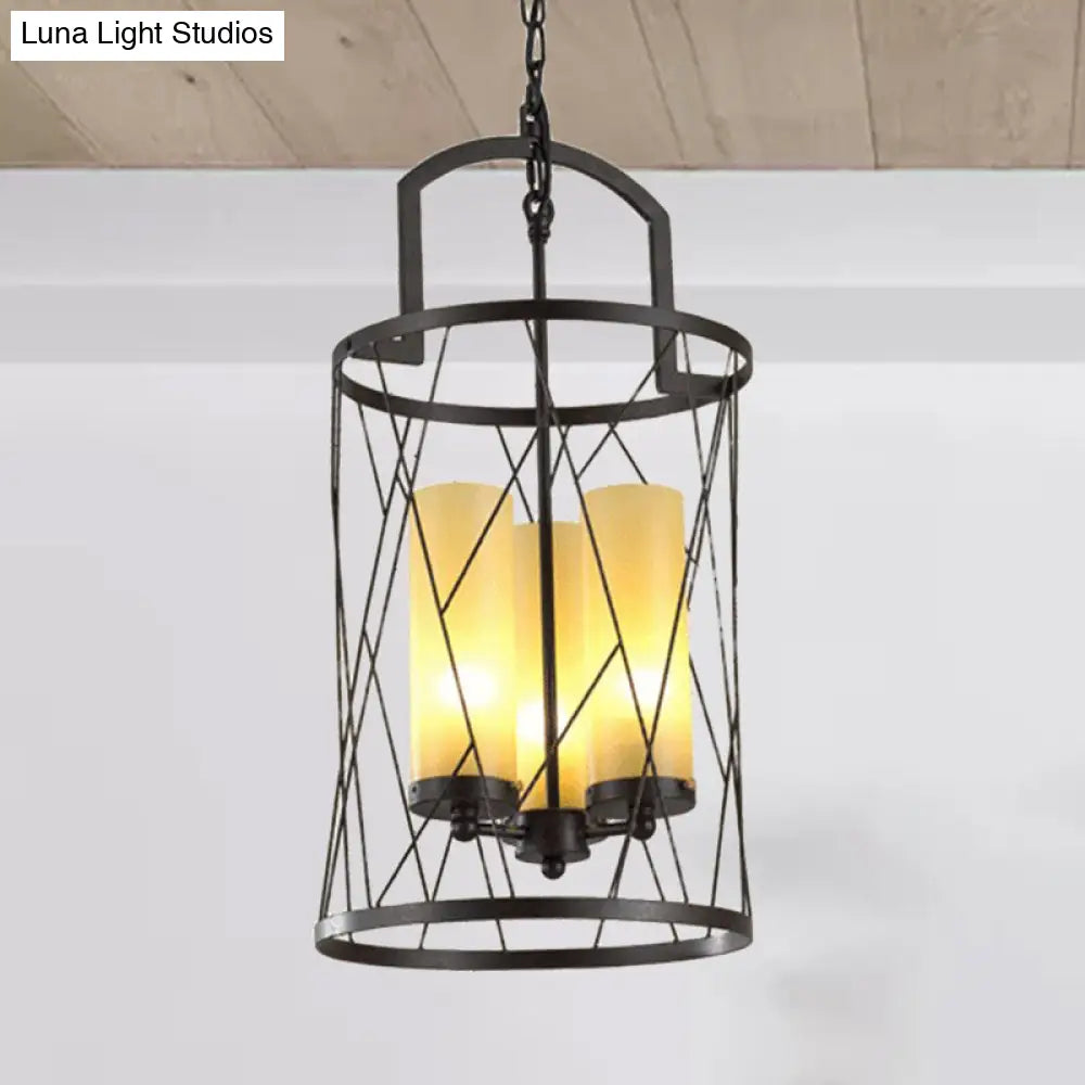 Industrial 3-Head Black Pendant Lamp With Cylinder Glass Shade And Wire Frame - Perfect For