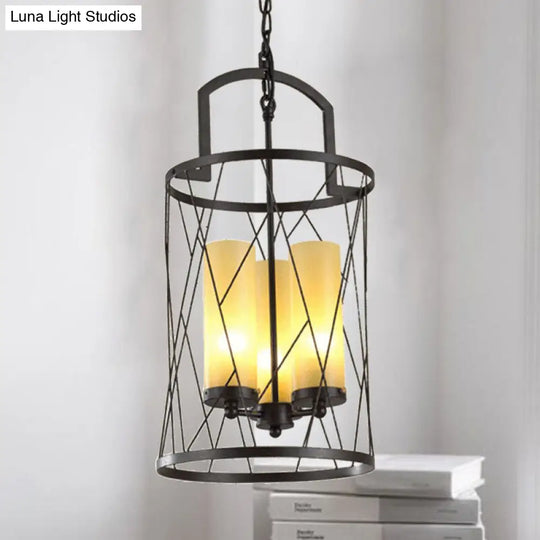 Industrial 3-Head Pendant Lamp With Cylinder Glass Shade And Wire Frame For Restaurants - Black