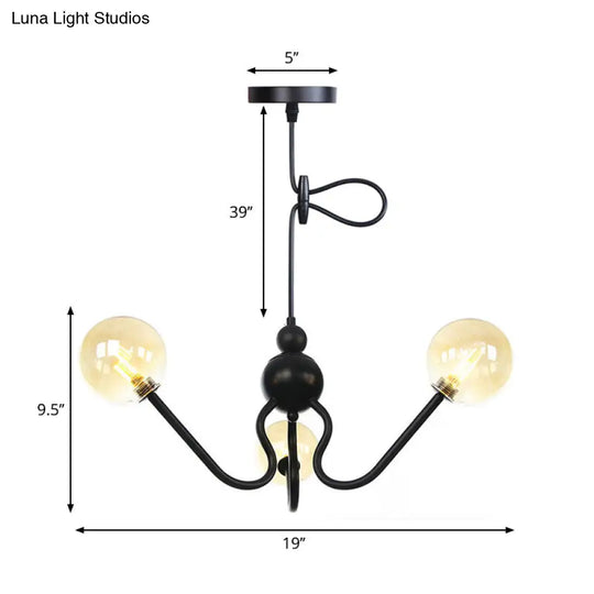 Modern Industrial Hanging Chandelier With 3 Amber/Clear Glass Shades Black/Chrome Finish Orbit