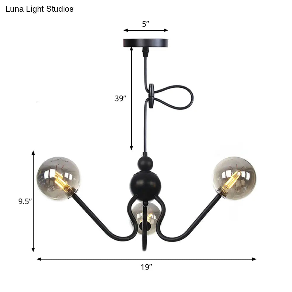 Industrial 3-Head Hanging Chandelier With Amber/Clear Glass Shades - Black/Chrome Finish Orbit