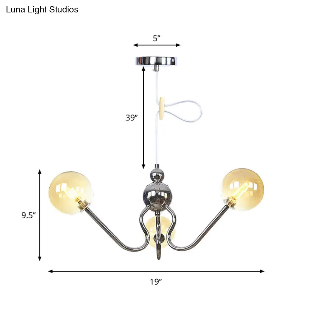 Industrial 3-Head Hanging Chandelier With Amber/Clear Glass Shades - Black/Chrome Finish Orbit