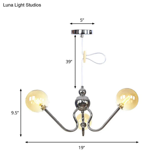 Industrial 3-Head Hanging Chandelier With Amber/Clear Glass Shades - Black/Chrome Finish Orbit