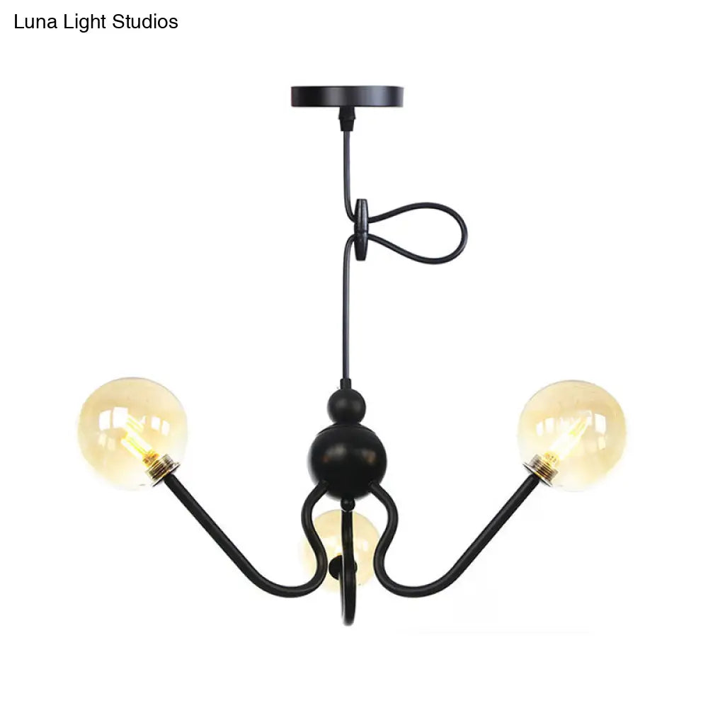 Industrial 3-Head Hanging Chandelier With Amber/Clear Glass Shades - Black/Chrome Finish Orbit