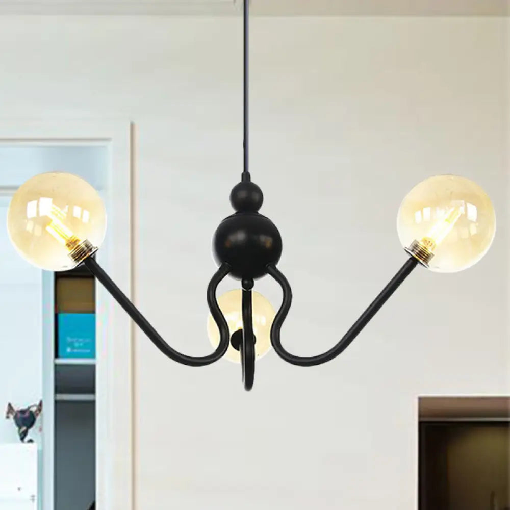 Industrial 3-Head Hanging Chandelier With Amber/Clear Glass Shades - Black/Chrome Finish Orbit