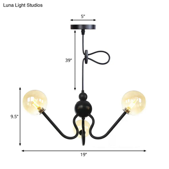 Industrial 3-Head Hanging Chandelier With Amber/Clear Glass Shades - Black/Chrome Finish Orbit