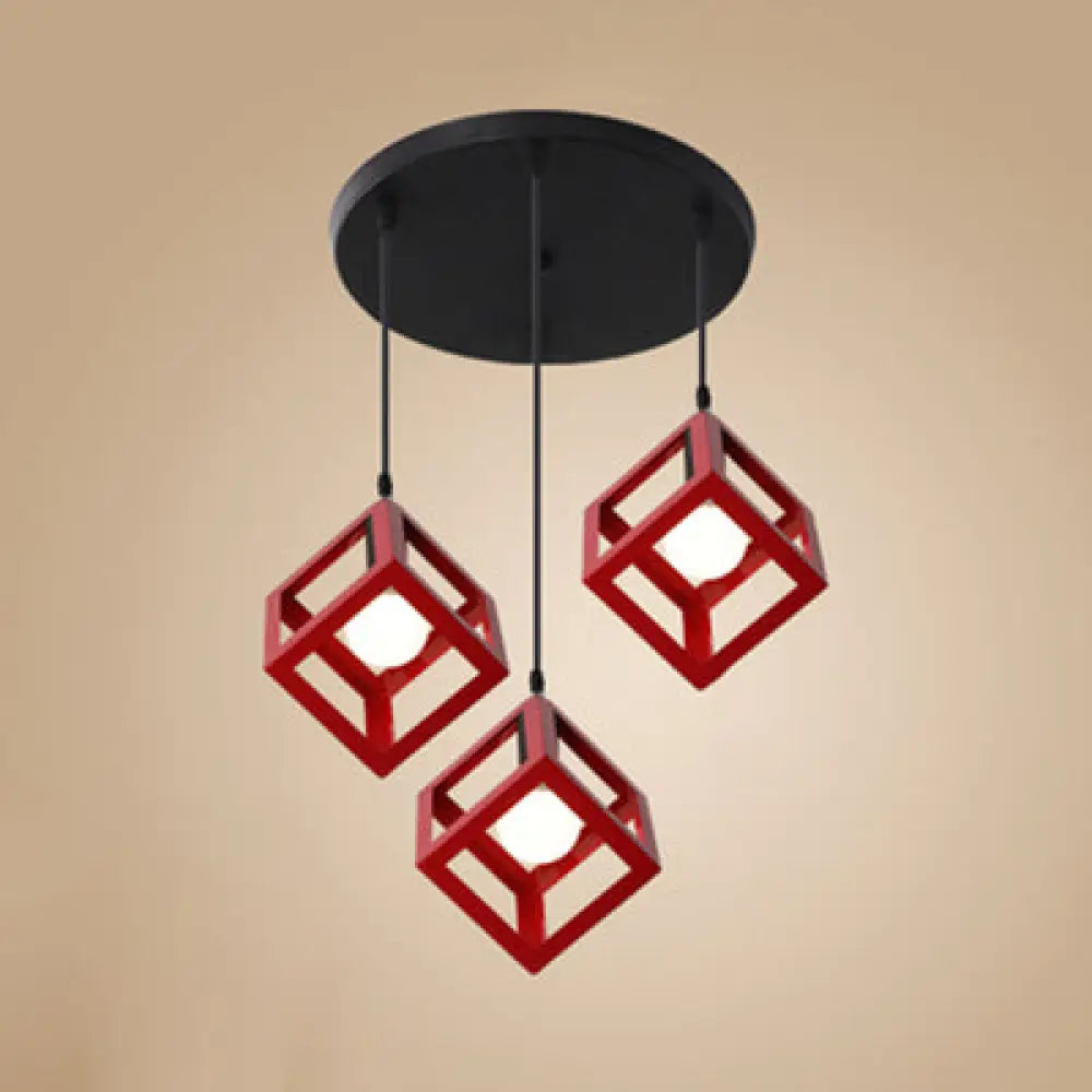 Industrial 3-Head Pendant Light With Squared Metallic Cage Red/Yellow Canopy For Hallway Red / Round