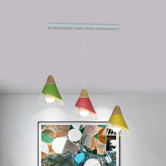 Industrial 3-Headed Metal Pendant Lamp With Black/Green Cone Design For Living Room Ceiling Green /