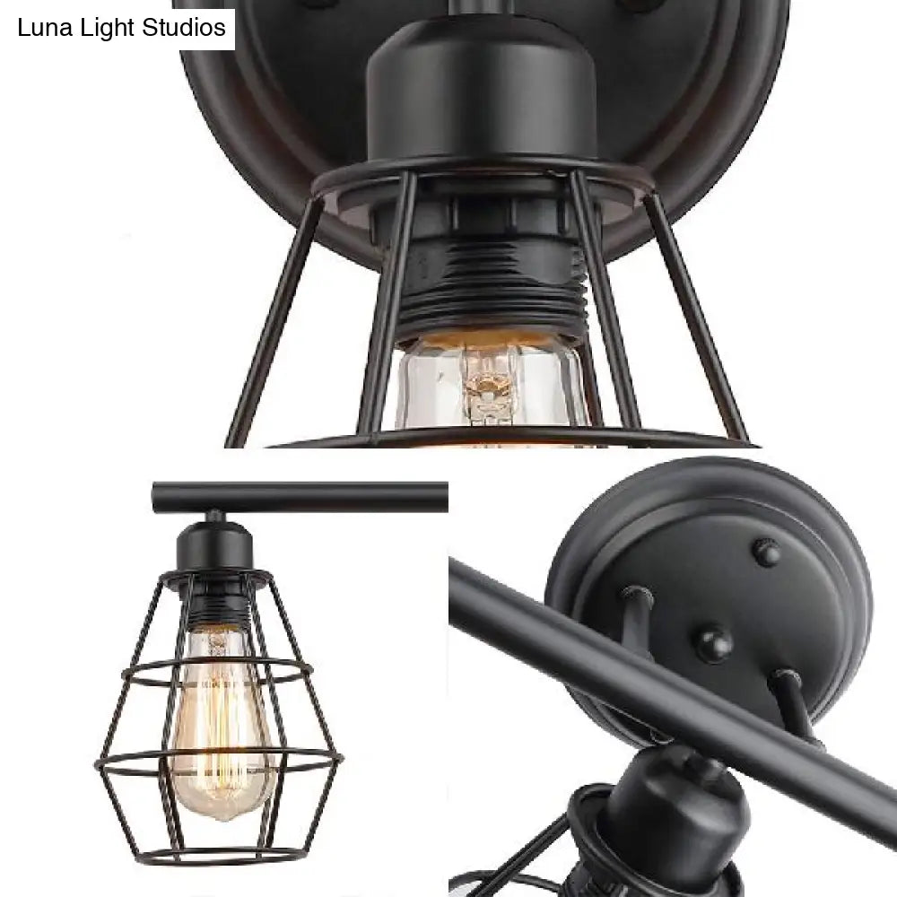 Industrial 3-Light Black Wall Sconce With Metal Cage Shade For Bathroom