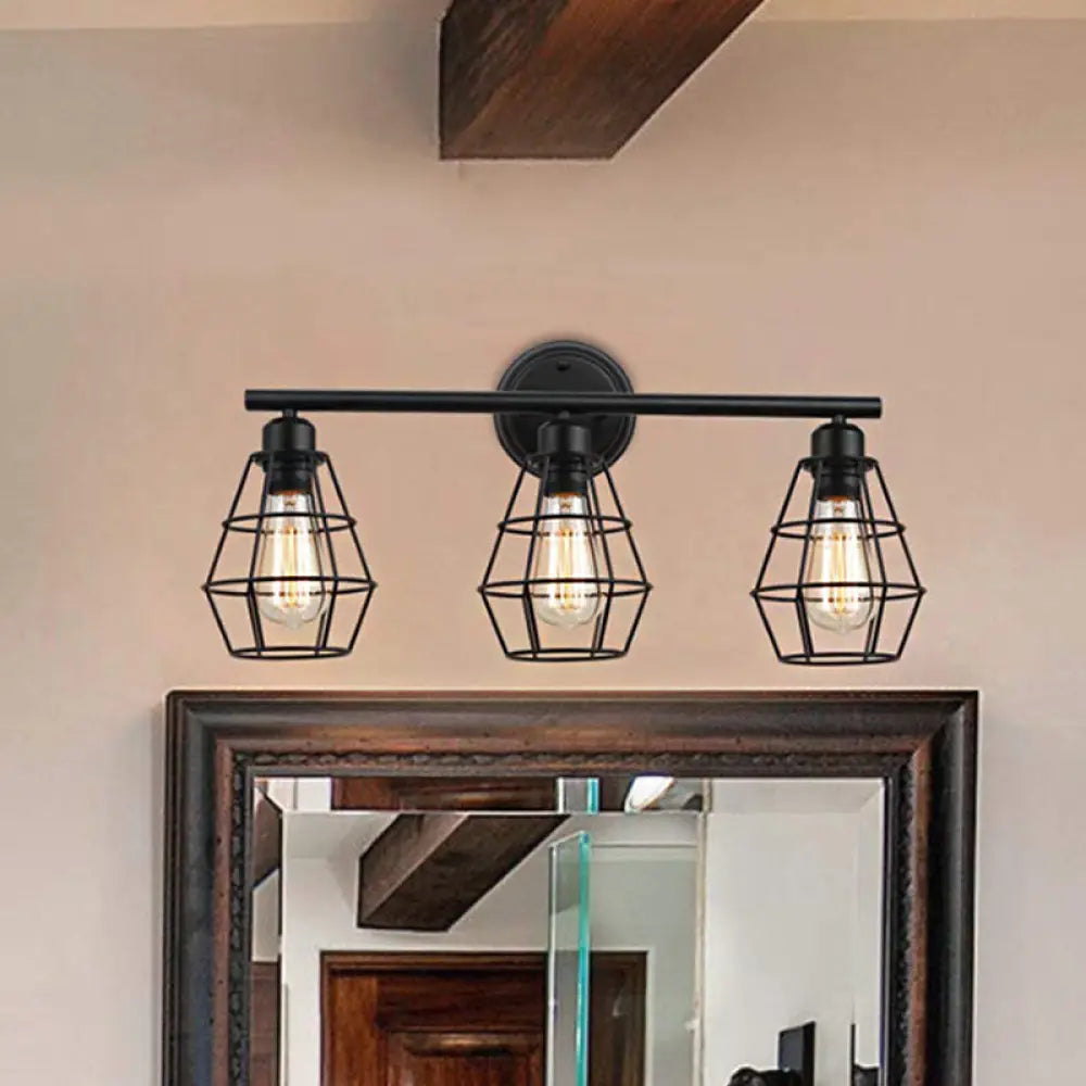 Industrial 3-Light Black Wall Sconce With Metal Cage Shade For Bathroom