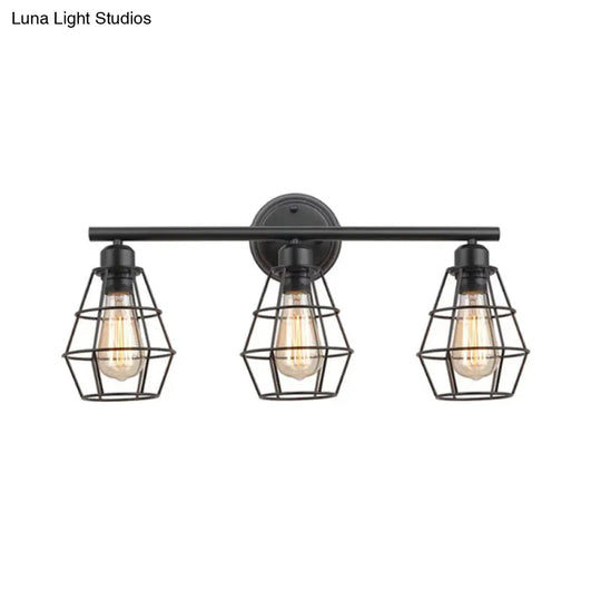 Industrial 3-Light Black Wall Sconce With Metal Cage Shade For Bathroom