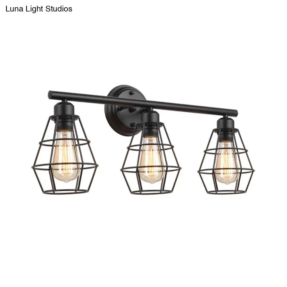 Industrial 3-Light Black Wall Sconce With Metal Cage Shade For Bathroom