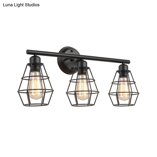 Industrial 3-Light Black Wall Sconce With Metal Cage Shade For Bathroom