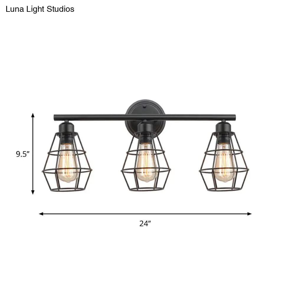 Industrial 3-Light Black Wall Sconce With Metal Cage Shade For Bathroom