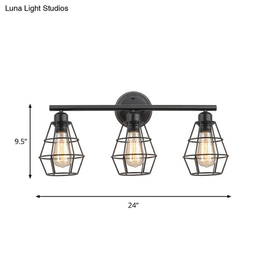 Industrial 3-Light Black Wall Sconce With Metal Cage Shade For Bathroom