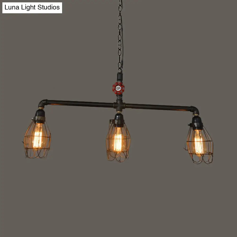 Industrial 3-Light Cage Iron Pendant With Red Valve: Small Bronze Fixture For Dining Room And Island