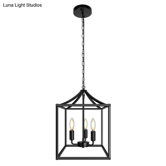 Industrial 3-Light Chandelier With Square Black And Gold Iron Cage For Kitchen Ceiling Pendant