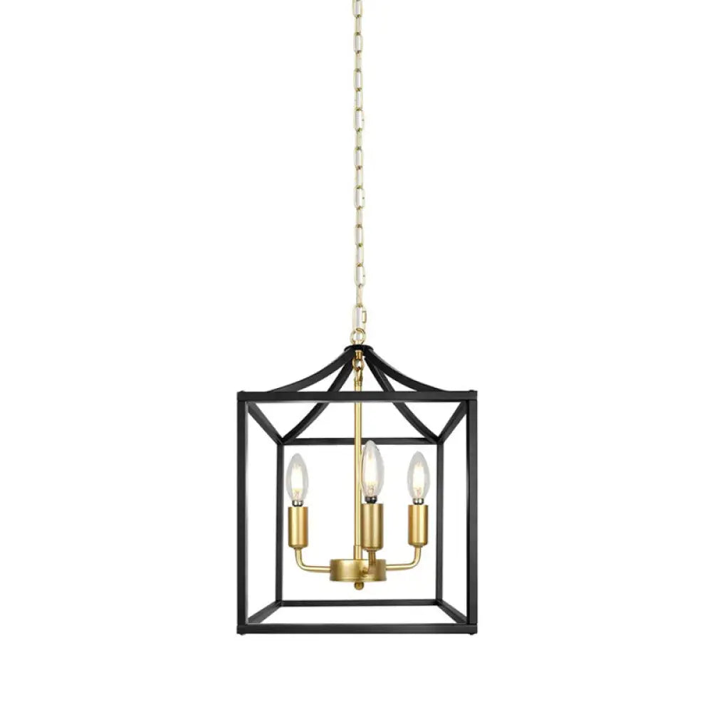 Industrial 3-Light Chandelier With Black/Gold Iron Cage Pendant For Kitchen Ceiling Gold