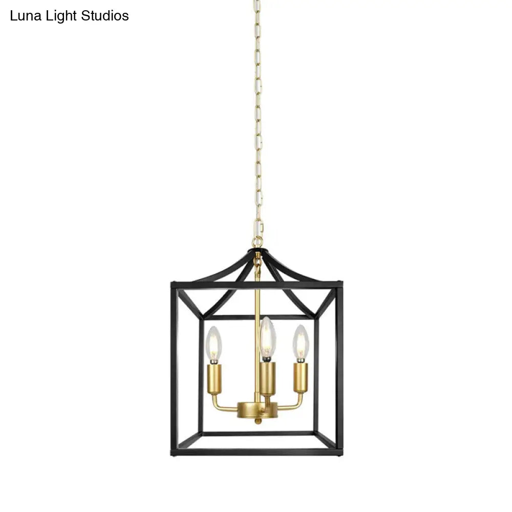 Industrial 3-Light Chandelier With Square Black And Gold Iron Cage For Kitchen Ceiling Pendant