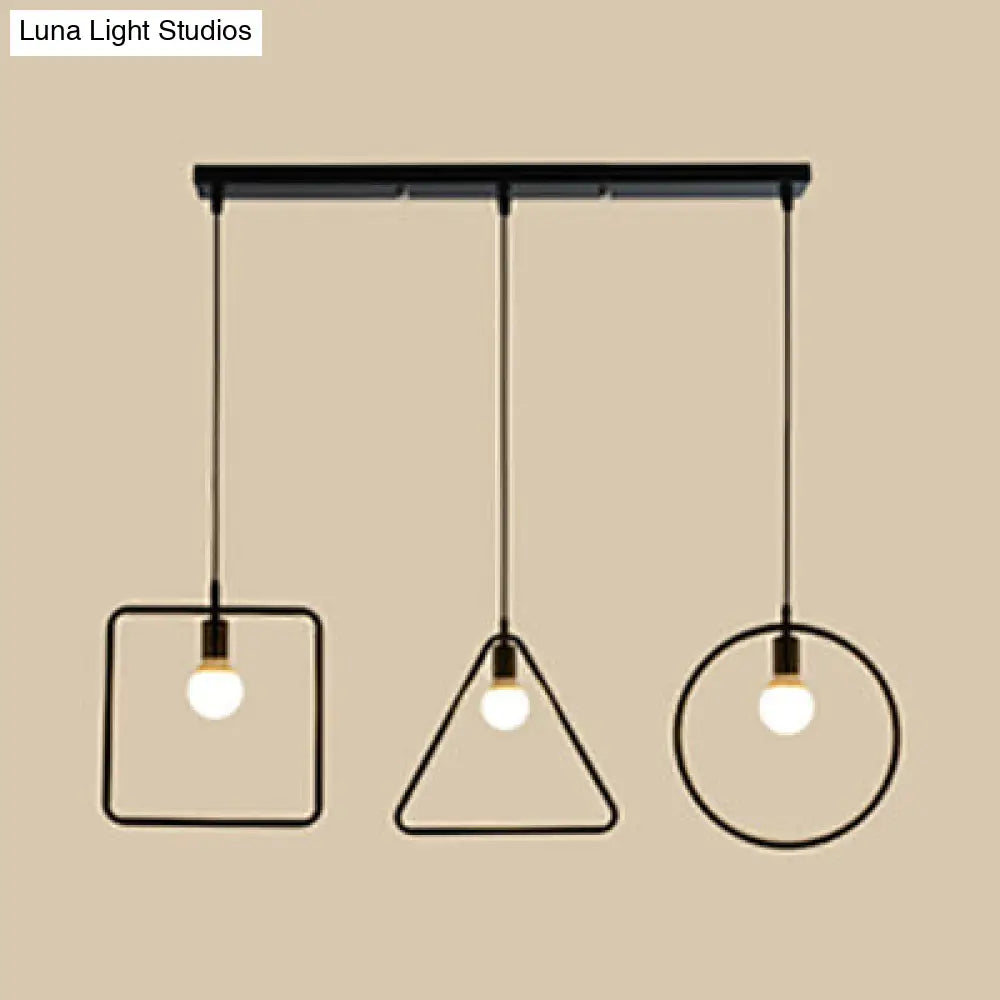 Industrial 3-Light Geometric Metal Frame Pendant For Dining Room Ceiling Black / Linear
