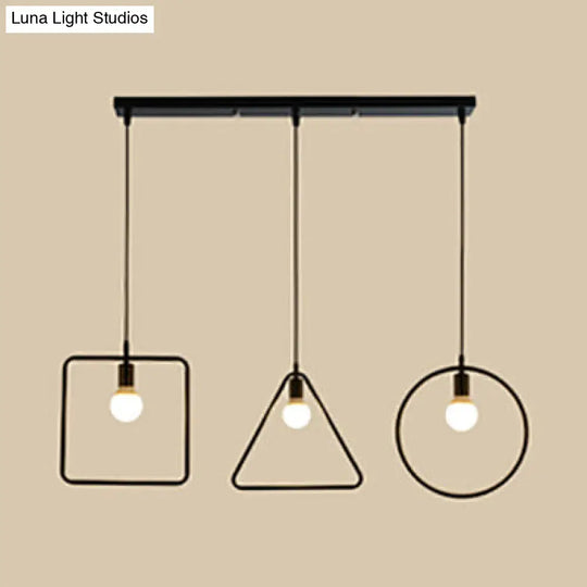 Industrial 3-Light Geometric Metal Frame Pendant For Dining Room Ceiling Black / Linear