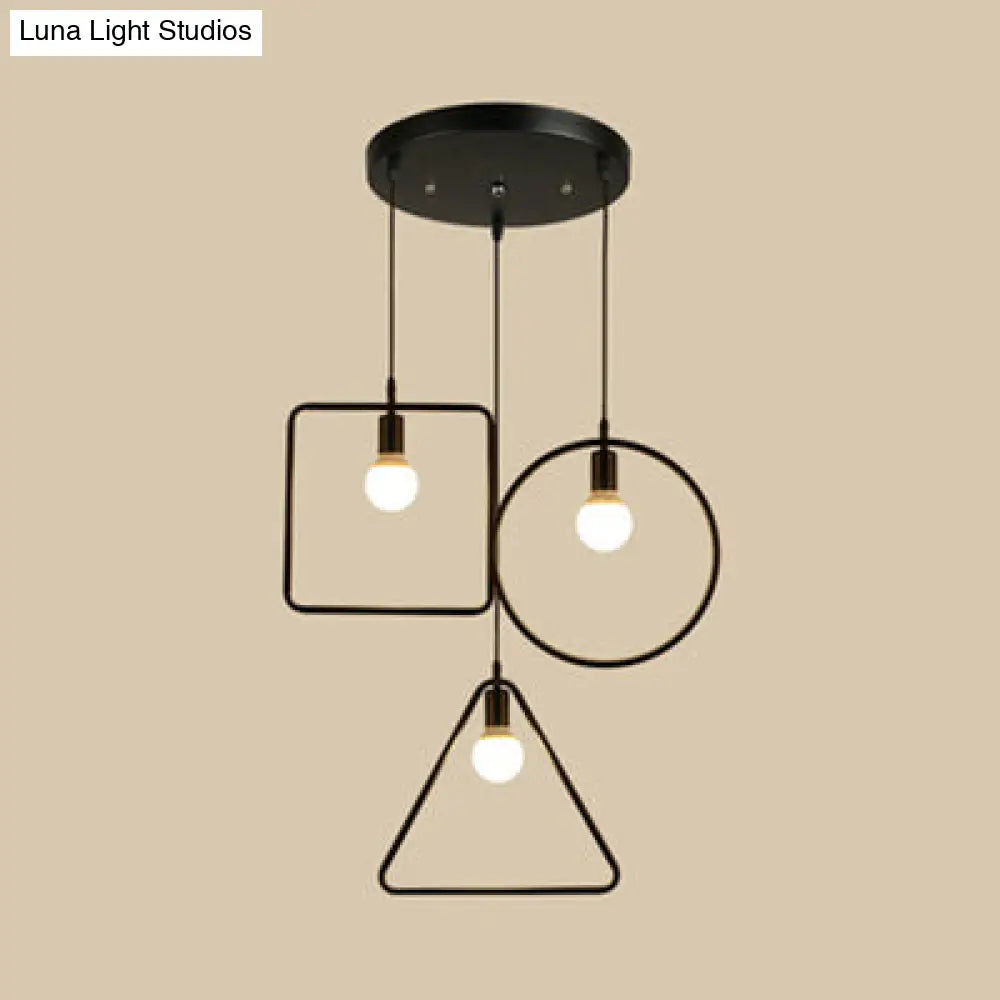 Industrial 3-Light Geometric Metal Frame Pendant For Dining Room Ceiling Black / Round