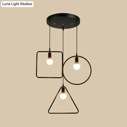 Industrial 3-Light Geometric Metal Frame Pendant For Dining Room Ceiling Black / Round