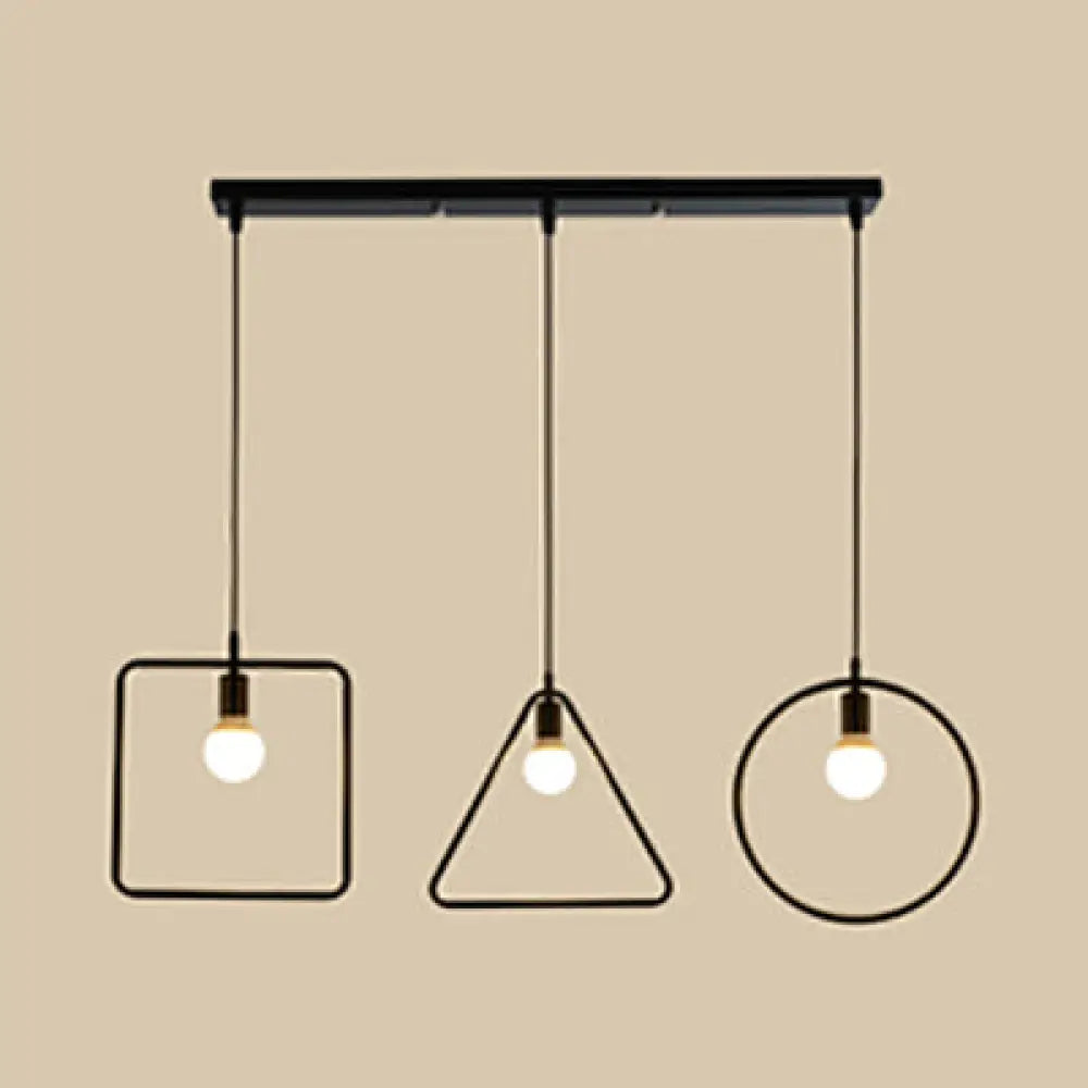 Industrial 3-Light Geometric Metal Frame Pendant With Black Finish For Dining Room Ceiling / Linear