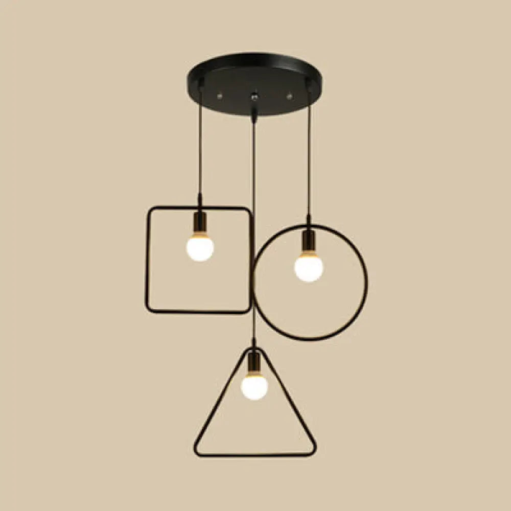 Industrial 3-Light Geometric Metal Frame Pendant With Black Finish For Dining Room Ceiling / Round