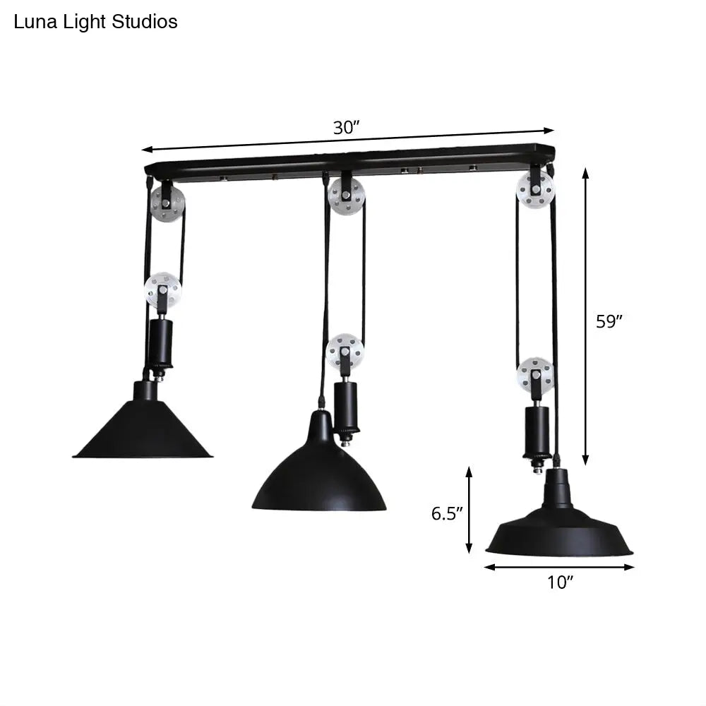 Metal Industrial Pendant Lighting - 3-Light Fixture With Unique Shade And Pulley Design In Black