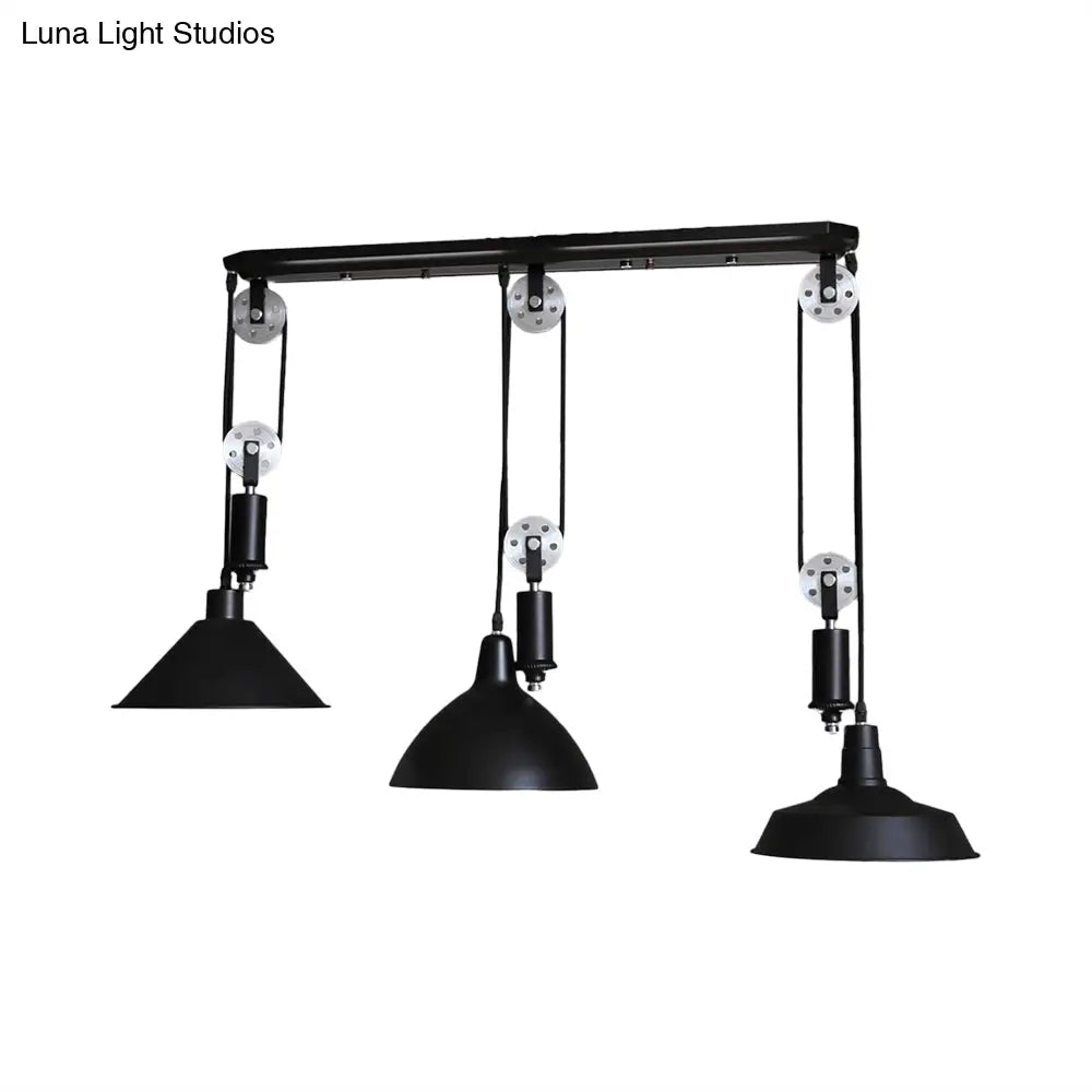 Industrial 3-Light Pendant With Adjustable Shades And Pulley Design In Black