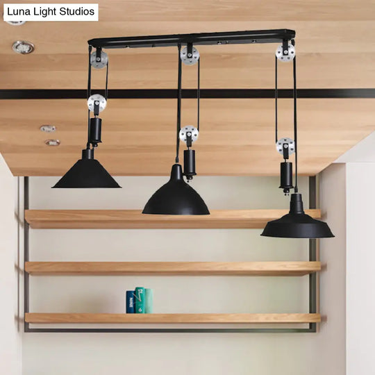 Industrial 3-Light Pendant With Adjustable Shades And Pulley Design In Black