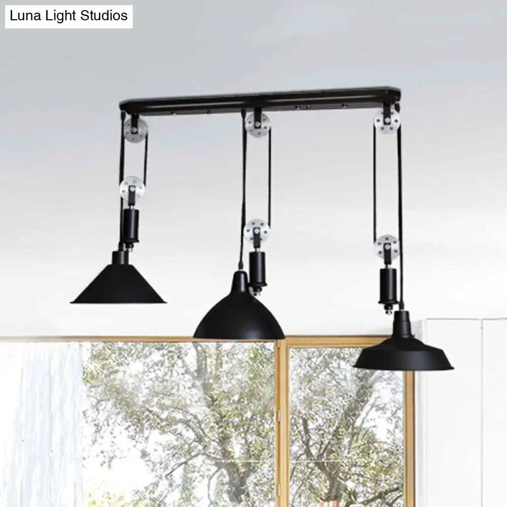 Metal Industrial Pendant Lighting - 3-Light Fixture With Unique Shade And Pulley Design In Black