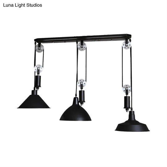 Metal Industrial Pendant Lighting - 3-Light Fixture With Unique Shade And Pulley Design In Black