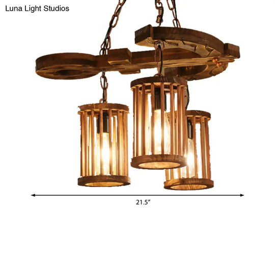 Industrial 3-Light Wood Chandelier Pendant With Cylinder Shade And Chain - Perfect For Dining Rooms