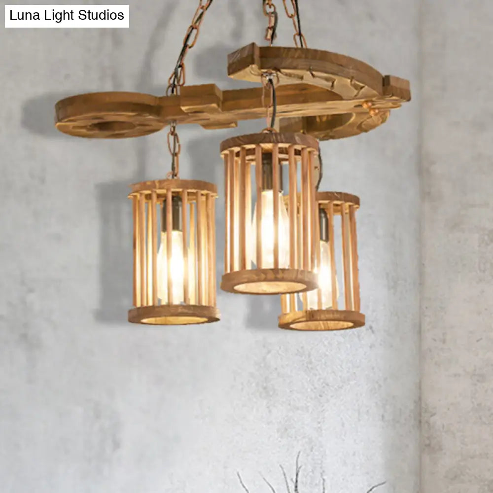 Industrial Wood Chandelier - 3-Light Cylinder Shade Pendant With Chain For Dining Room Lighting